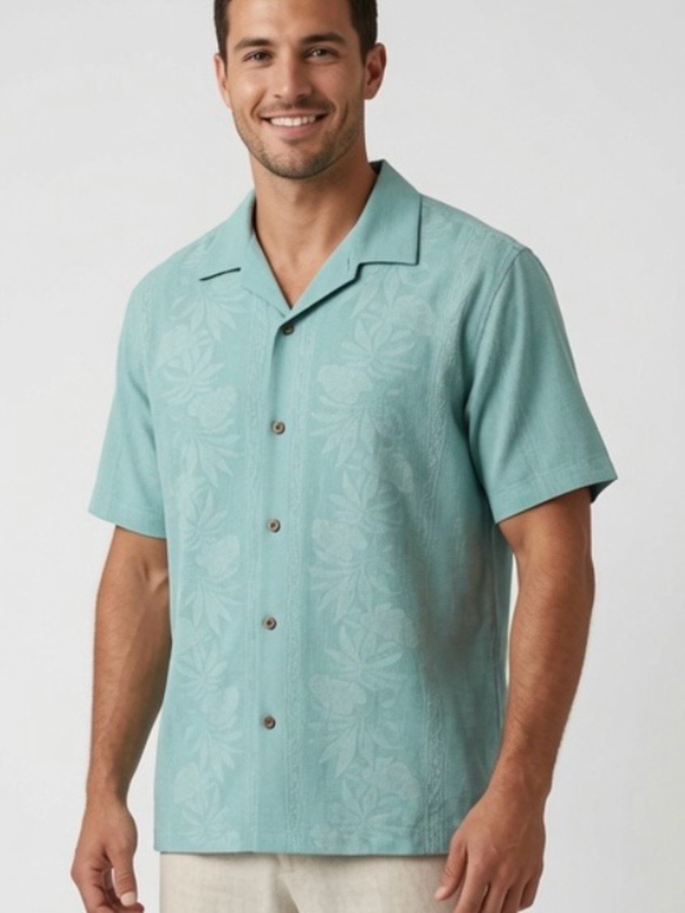 Tommy Bahama silk  green tropical camp shirt like new SzXL